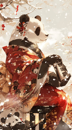 Panda playing small instrument in traditional kimono under snowfallの素材