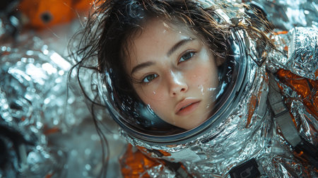 Close-up of a woman in an astronaut suit, surrounded by silver space gearの素材