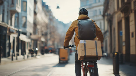 Rear view of bicycle courier navigating through city streetsの素材