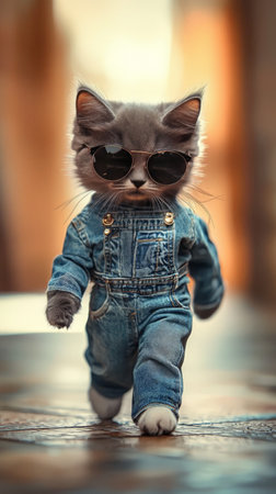Kitten in denim overalls walking confidently wearing sunglassesの素材