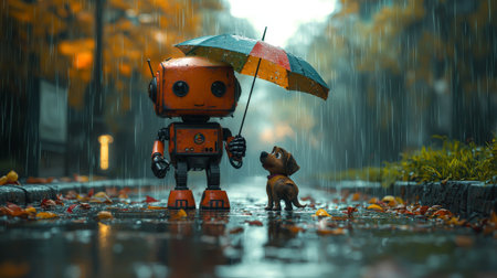 Robot and dog sharing an umbrella in autumn rain on a wet streetの素材
