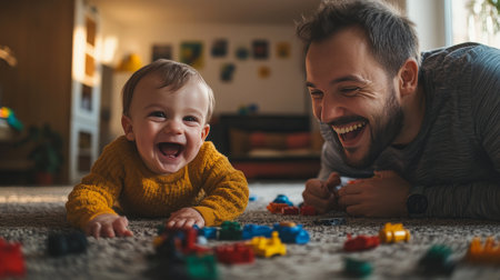 Happy father and baby playing with colorful toys indoorsの素材