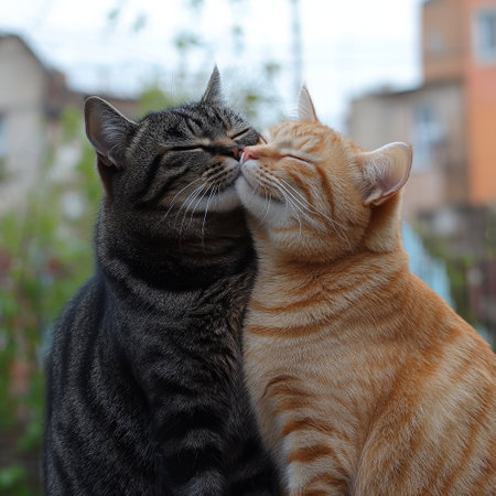 Two affectionate cats nuzzling outdoors in a tender momentの素材
