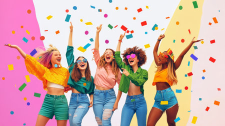 Five women celebrating with confetti against a vibrant backdropの素材