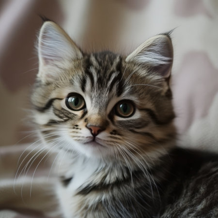 Tabby kitten portrait looking at camera indoorsの素材