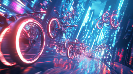 Futuristic neon bicycles racing through a sci-fi cityscapeの素材
