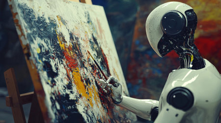 Humanoid robot painting abstract art on canvas in a studioの素材