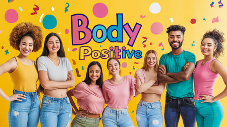 Young people celebrating body positivity on yellow backgroundの素材