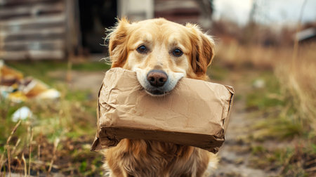Golden retriever delivering a wrapped package outdoorsの素材
