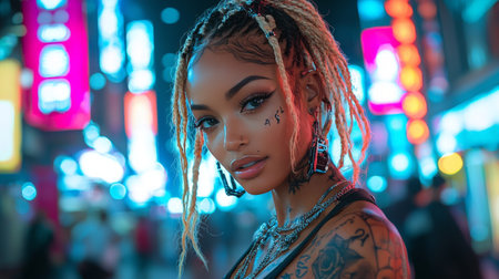 Stylish woman with braids and tattoos in neon-lit futuristic cityの素材