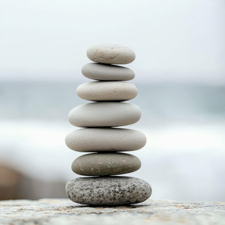 Balanced stones on a foggy day at the seashoreの素材