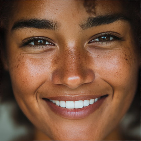 Close-up portrait of smiling woman with natural freckles and glowing skinの素材