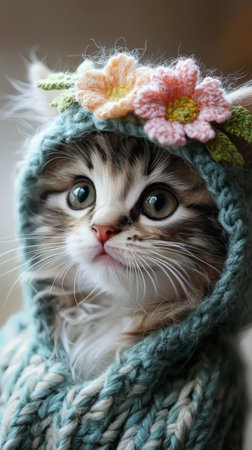 Kitten in knitted hoodie with flower decorationの素材