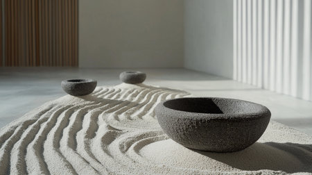 Zen garden with stone bowls and raked sand for tranquility and mindfulnessの素材