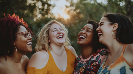 Four women laughing and enjoying a happy moment outdoorsの素材