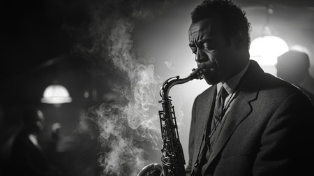 Jazz musician playing saxophone in a smoky atmosphere, black and whiteの素材