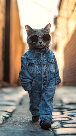 Cat in denim outfit confidently walking down alley with sunglassesの素材