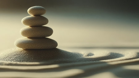 Zen stone tower on smooth sand for meditation and mindfulness themesの素材