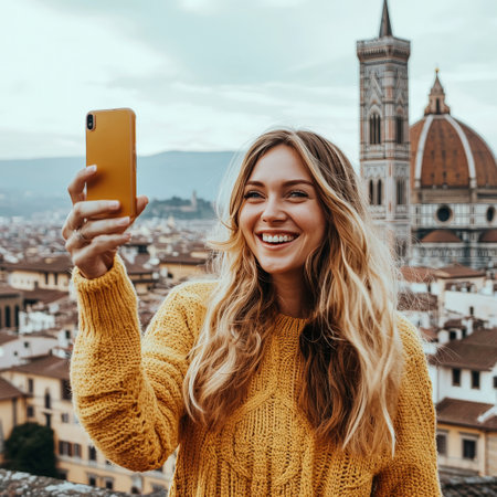 Woman capturing a selfie in Florence with smartphoneの素材