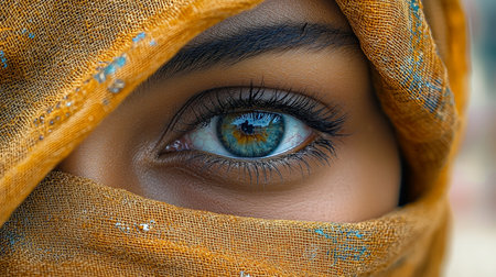 Close-up of blue eye peeking through yellow fabricの素材