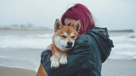 Tender embrace between a woman and Shiba Inu on a foggy coastlineの素材