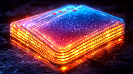 Glowing playing cards stacked with neon light on a reflective surfaceの素材