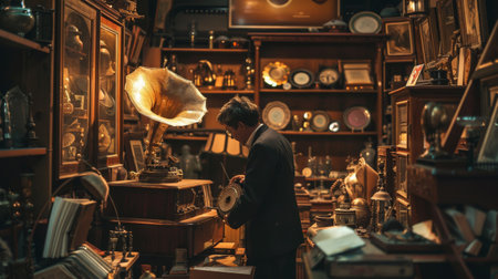 Man in vintage shop inspecting an antique phonographの素材