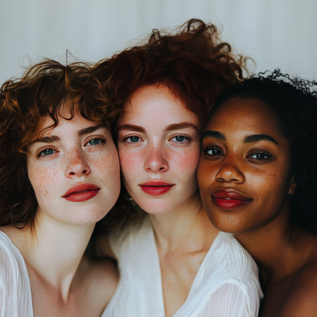 Three diverse women posing for portrait in natural lightの素材