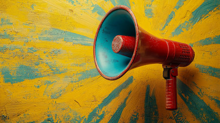 Red megaphone on textured yellow background with vibrant energy burstの素材
