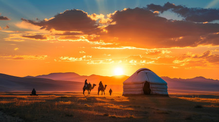 Silhouetted camels walking in desert at sunset near traditional yurtの素材