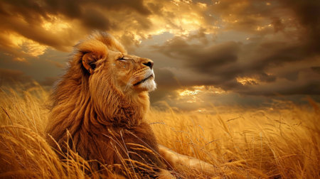 Majestic lion basking in the golden sunset in a serene savannaの素材