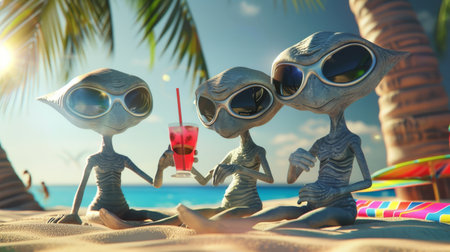 Three aliens enjoying a beach day with tropical drinksの素材