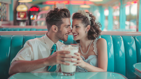 Couple sharing a milkshake in retro diner boothの素材