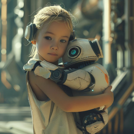 Little girl hugging a futuristic robot in a sci-fi settingの素材