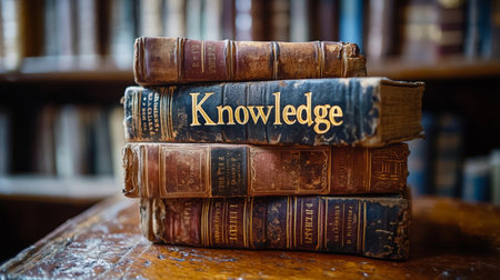 Stack of old books with "Knowledge" on top on a rustic tableの素材