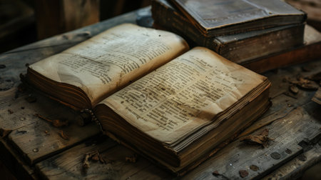 Open antique book on weathered wooden tableの素材