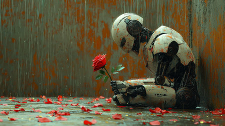 Robot holding a red rose in a melancholic settingの素材