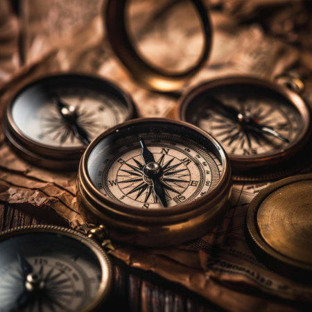 Antique compasses and maps set on weathered paper backgroundの素材