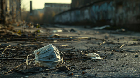 Abandoned face mask in a deserted urban streetの素材