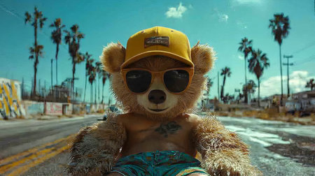 Cool anthropomorphic teddy bear wearing sunglasses on sunny streetの素材