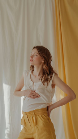 Pregnant woman posing in modern outfit with soft lightingの素材