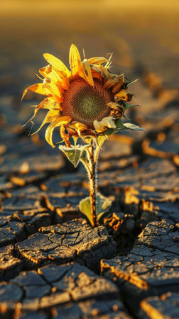 Sunflower standing alone in cracked dry earth at sunsetの素材