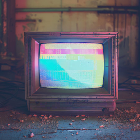 Colorful static on an old television in an abandoned roomの素材