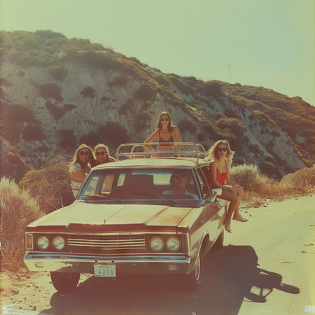 Friends posing with vintage car on a scenic mountain roadの素材