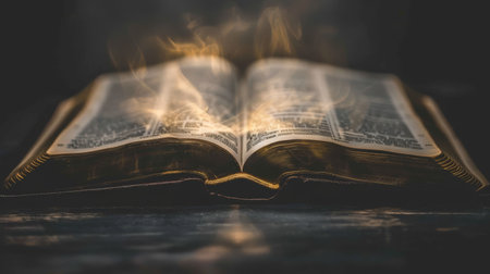 Open book with glowing mystical light emerging from its pagesの素材