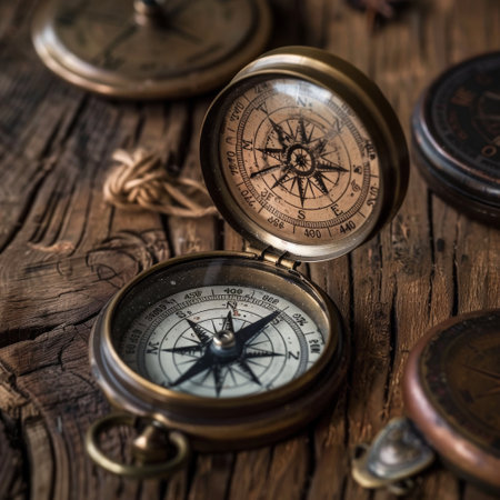 Collection of antique compasses on rustic wooden surfaceの素材
