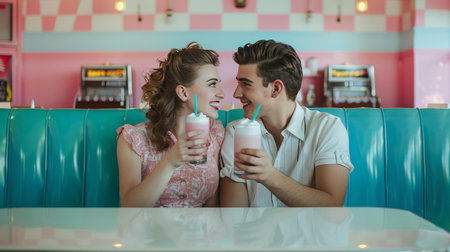 Smiling couple with milkshakes in vintage dinerの素材