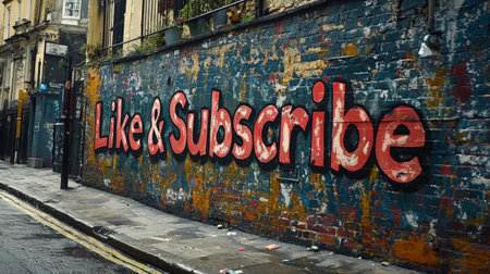 Street graffiti promoting social media engagement on urban wallの素材