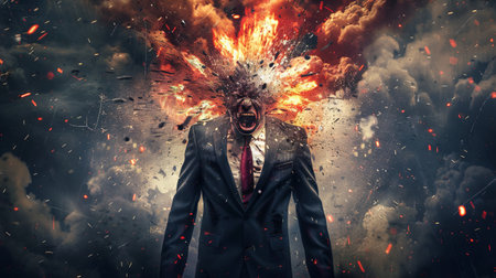 Furious businessman with exploding head amidst fire and debrisの素材