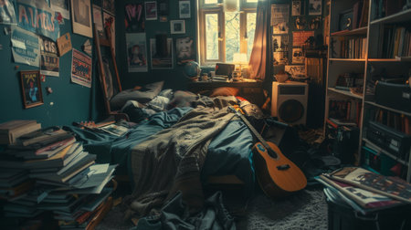 Cozy cluttered bedroom with a guitar and books, warm lightingの素材